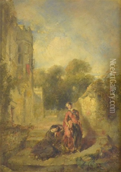 Two Women By A Manor House Oil Painting - Daniel Pasmore the Younger