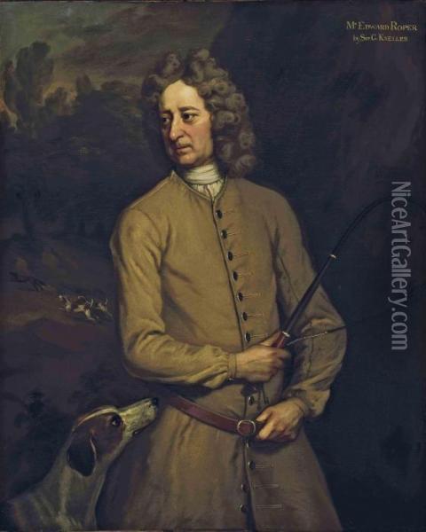 Portrait Of Edward Roper, Master
 Of The Charlton Hunt, Three-quarter-length, In A Buff Coat, Holding A 
Whip, With A Hound At His Side And Hounds Pursuing A Fox Beyond With 
Identifying Inscription 'm 
R 
. Edward Roper By Sir. G. Kneller.' Oil Painting - Michael Dahl