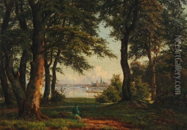 A Forest Scene With A View Towards Kronborg Oil Painting - Carsten Henrichsen