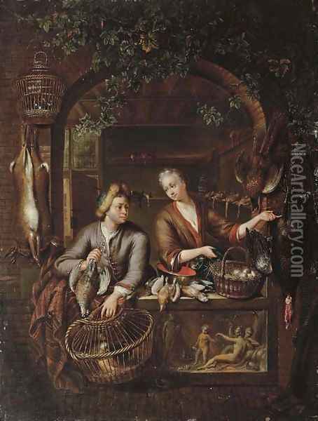Poultry sellers in a arched window above a carved relief Oil Painting - Willem van Mieris