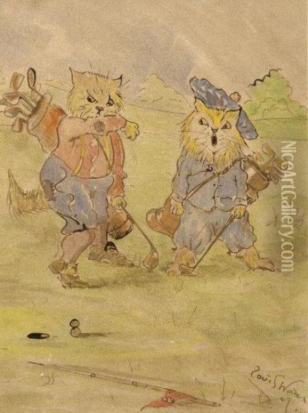 The Scottish Cat Golf Golf Players Oil Painting - Louis William Wain