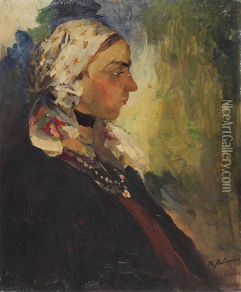 Portrait Of A Peasant Woman In A White Scarf Oil Painting - Filip Malyavin
