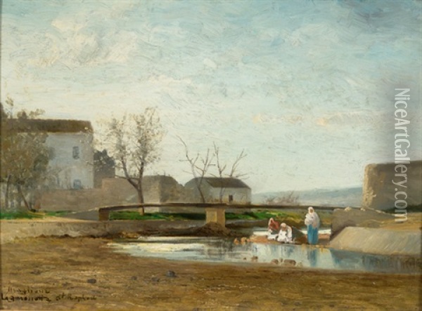 Saint-raphael - Wascherinnen Am Fluss Oil Painting - Andre Maglione