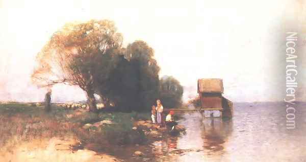 Bathing Cabin at Lake Balaton 1885 Oil Painting - Geza Meszoly