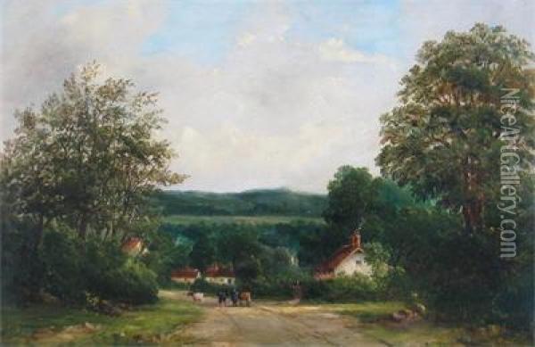 A Herdsman On A Country Road Near Cottages Oil Painting - A.H. Vickers