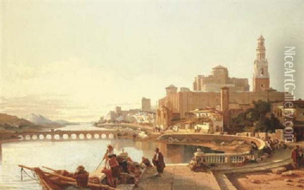Fisherman And Other Figures On The Banks Of The Guadalquivir River With A View Of The Roman Bridge And The Great Mosque, Cordoba Oil Painting - Francois Antoine Bossuet