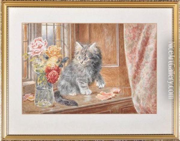 A Kitten On A Window Shelf Inspecting A Vase Of Flowers Oil Painting - Wilson Hepple