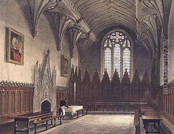 Interior view of the hall of University College, illustration from the History of Oxford, engraved by J. Hill, pub. by R. Ackermann, 1814 Oil Painting - Augustus Charles Pugin
