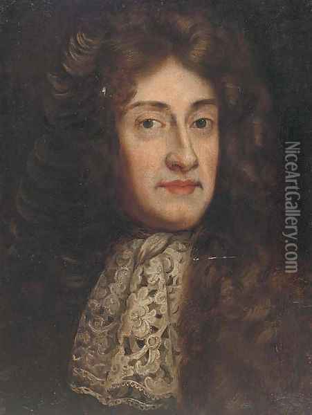 Portrait of a gentlman, bust-length, in a full wig and lace tie Oil Painting - Sir Godfrey Kneller