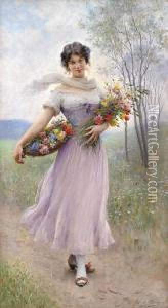 Girl Ina Lilac-coloured Dress With Bouquet Of Flowers And Basket Offlowers Oil Painting - Eugene de Blaas