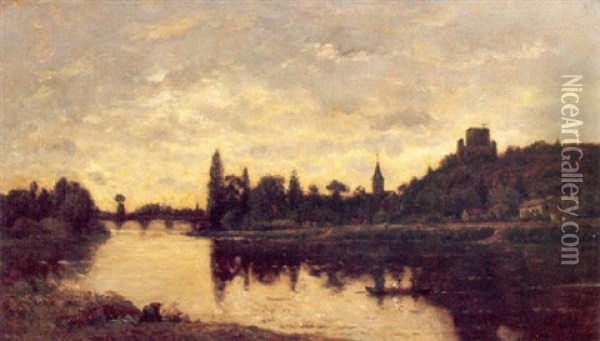Figures In A Boat On A River With A Town Beyond Oil Painting - Hippolyte Camille Delpy