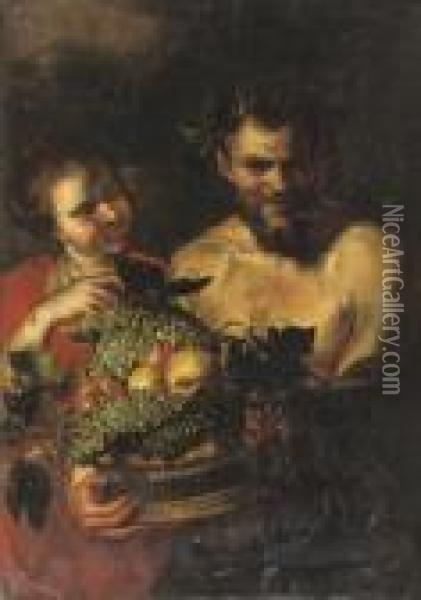 A Satyr Holding A Basket Of Fruit With A Girl By His Side Oil Painting - Peter Paul Rubens