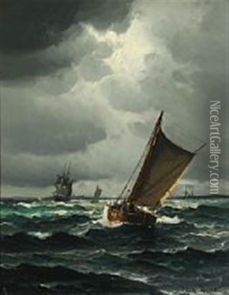 Sailing Ships At Sea Oil Painting - Vilhelm Victor Bille