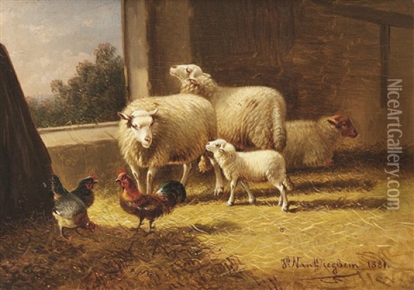 Schafe Und Federvieh Im Stall Oil Painting - Joseph Van Dieghem