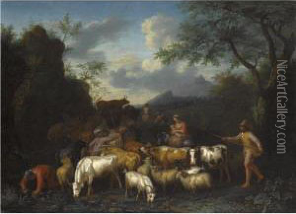A Mountainous Landscape With Herdsmen And Their Cattle Near A Stream Oil Painting - Jan van Gool