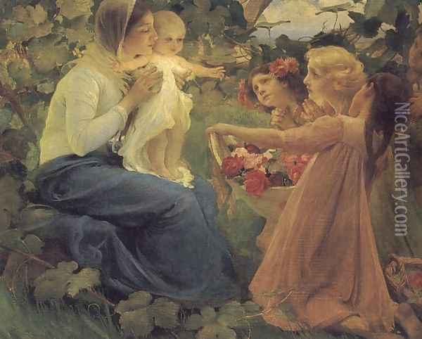 Presenting Flowers to the Infant Oil Painting - Franz Dvorak
