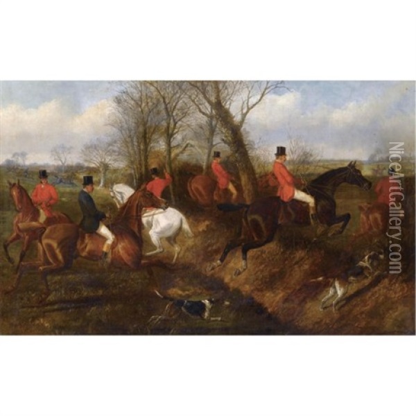 Huntsmen Taking The Fence Oil Painting - John Sturgess