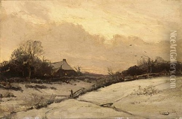 A Farm House In A Snow Covered Landscape Oil Painting - Louis Apol