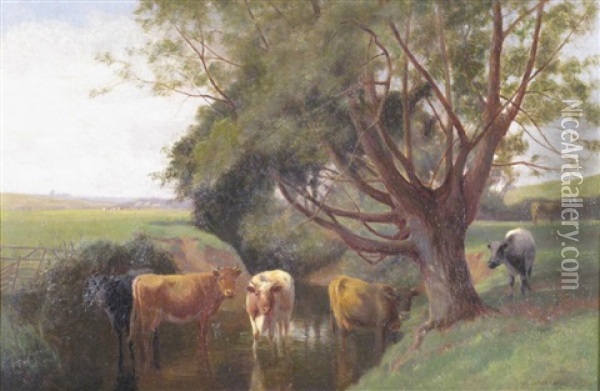 Cattle In A Water Meadow (sheep On A Moor; Pair) Oil Painting - William Sidney Cooper