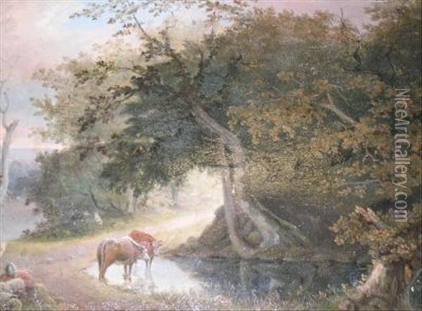 Figures And Cattle Before A Woodland Pond Oil Painting - Thomas Barker of Bath
