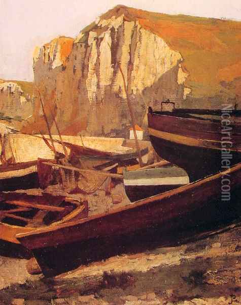 Barques au pied d'une falaise en Normandie (Boats at the foot of a cliff in Normandy) Oil Painting - Jean-Paul Laurens