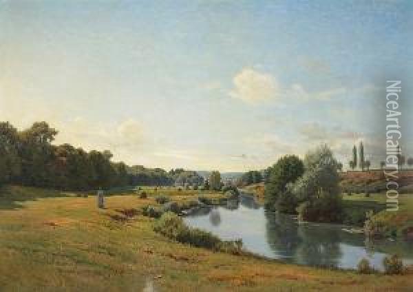 A River Landscape With A Lady On A Path Oil Painting - Jean Ferdinand Monchablon