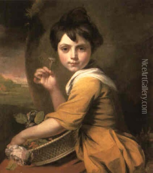 Portrait Of Miss Jesse Rolls, Holding A Basket Of Flowers Oil Painting - John Opie