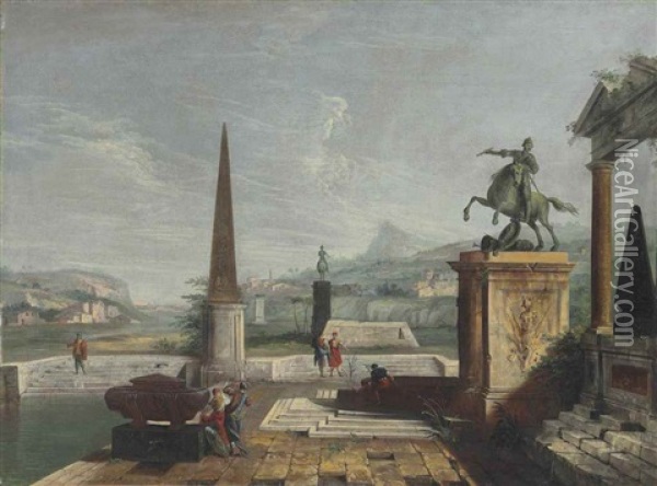 An Architectural Capriccio With Equestrian Monuments And An Obelisk, With Figures Resting By A Pool And Mountains And Villages Beyond Oil Painting - Michele Marieschi
