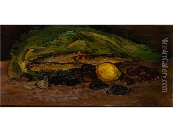 Stillleben Mit Fischen Und Fruchten Oil Painting - Giovanni Bartolena