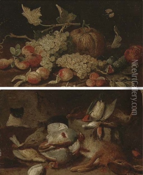 Grapes, Peaches, Figs, Apricots And A Pumpkin On A Wooden Ledge, With A Cabbage White Butterfly (+ Dead Game In A Barn With A Cat; Pair) Oil Painting - Jan van Kessel