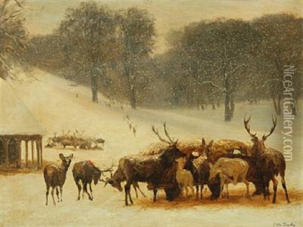 Deer By The Wagon With Hay, A Snowy Day In The Deer Park Copenhagen Oil Painting - Otto Bache