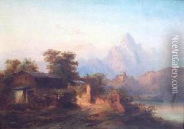 Flusslandschaft Mit Bergmassiv, Mit Reicher Tier-, Figuren- Und Schiffsstaffage Oil Painting - Franz Emil Krause