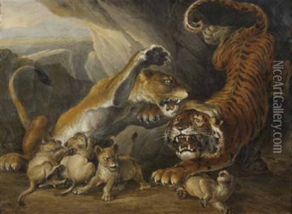 Lionne Protegeant Ses Lionceaux D'un Tigre Oil Painting - Raden Saleh Sarief Bustaman