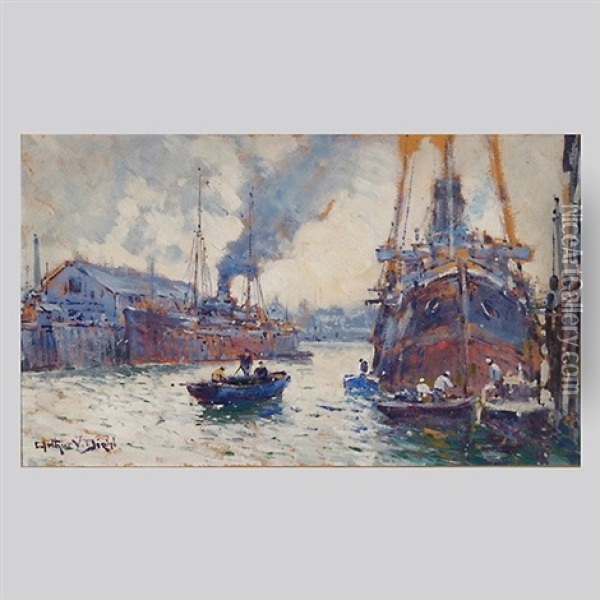Steam Ships At Dock Oil Painting - Arthur Vidal Diehl
