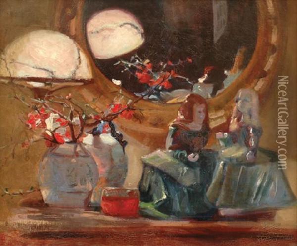 Still Life With Japonica Andfigurines Oil Painting - Isobel Tweedle