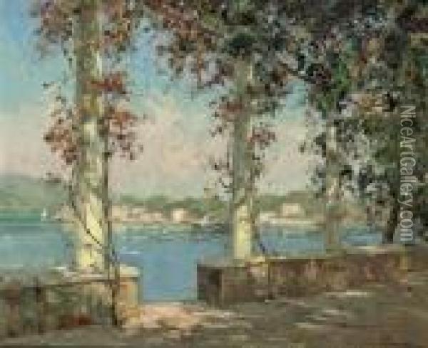 A Sunlit Terrace With A Lake Beyond Oil Painting - Paul Emile Lecomte