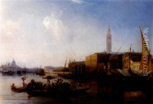 Vue De Venise, Le Depart Pour La Fete Du Lido Oil Painting - Baron Jean Antoine Theodore Gudin