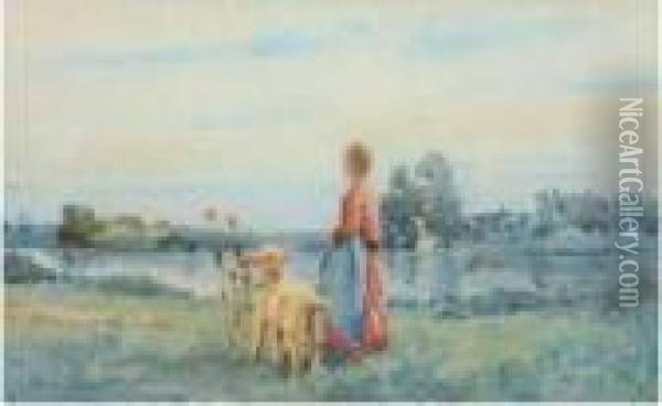 Paesaggio Con Fanciulla E Capretta Oil Painting - Carlo Brancaccio