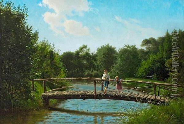 Children Fishing By The Stream A Summer's Day Oil Painting - Carl Milton Jensen