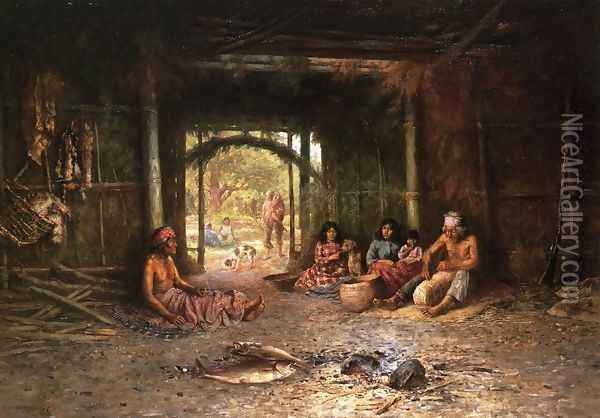 Interior of a Pomo Dwelling Oil Painting - Henry Raschen