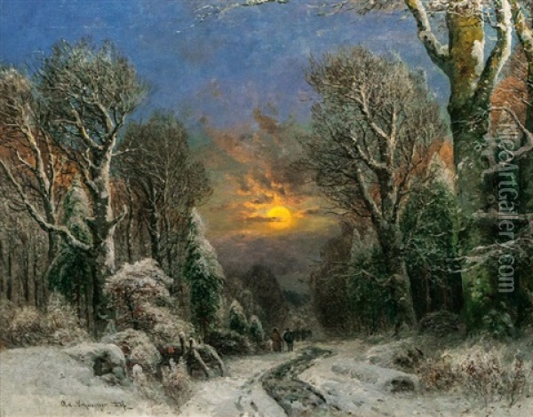 Full Moon Over A Winterly Forest Oil Painting - Adolf Gustav Schweitzer