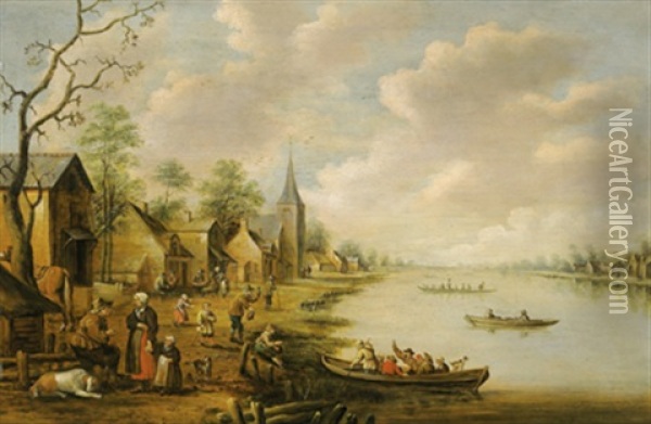 Dorf An Einem Fluss Mit Vielen Figuren Oil Painting - Joost Cornelisz. Droochsloot