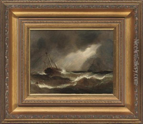 A Sailing Ship In Distress In A Stormy Sea Oil Painting - William Adolphu Knell