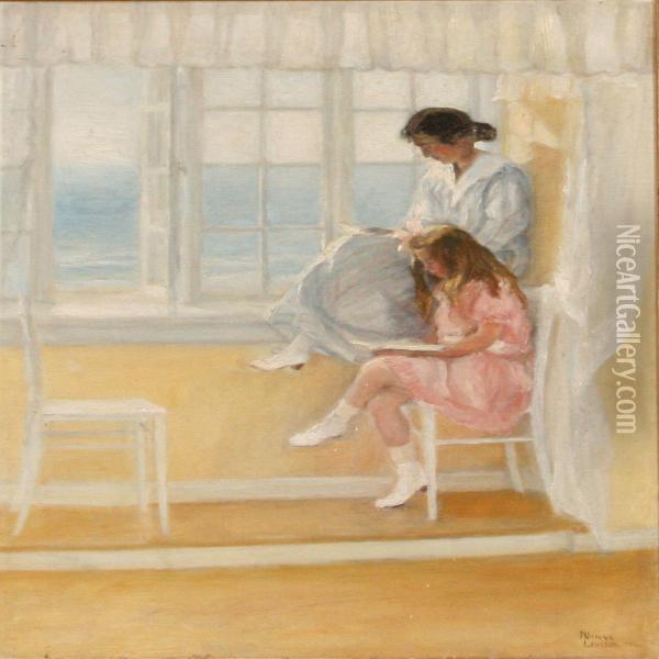 Mother And Daughter Reading At The Window Oil Painting - Nanna Levison