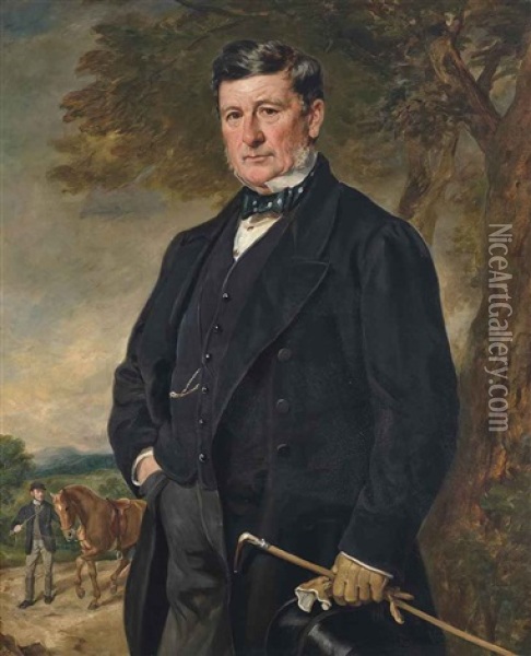 Portrait Of James Hunt, Three-quarter Length, Holding A Top Hat, Riding Crop And Gloves In One Hand Oil Painting - Sir Francis Grant