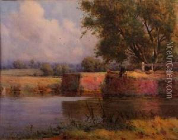 Man Fishing At A Loch Oil Painting - William Barton Thomas