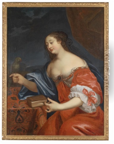 Bildnis Einer Dame In Rotem Kleid Mit Buch Und Papagei Oil Painting - Henri Gascars