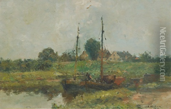 Fisherboats At A Small Harbour Oil Painting - Rudolf Hoeckner