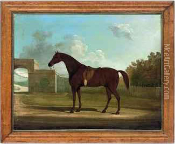 A Bay Horse In A Landscape Oil Painting - W.V. Burch