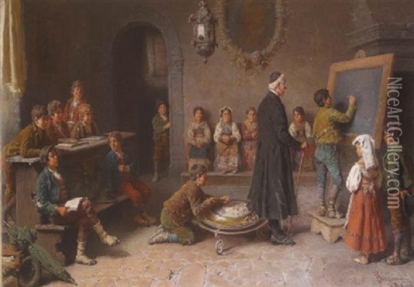 Interior Classroom Scene Oil Painting - Francesco Bergamini